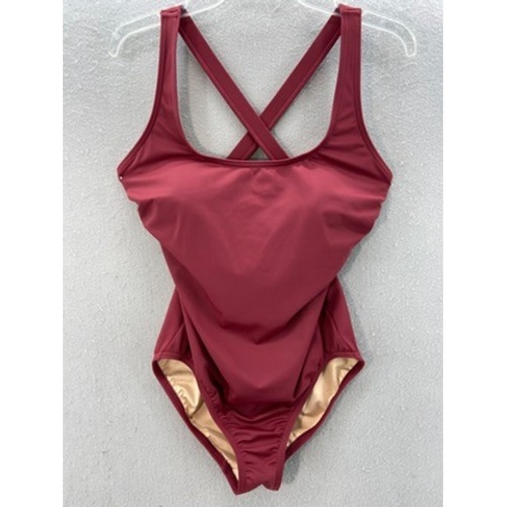 Lands End Swimsuit Womens Sz 14 Burgundy Cross Back One Piece Maroon Scoop Neck